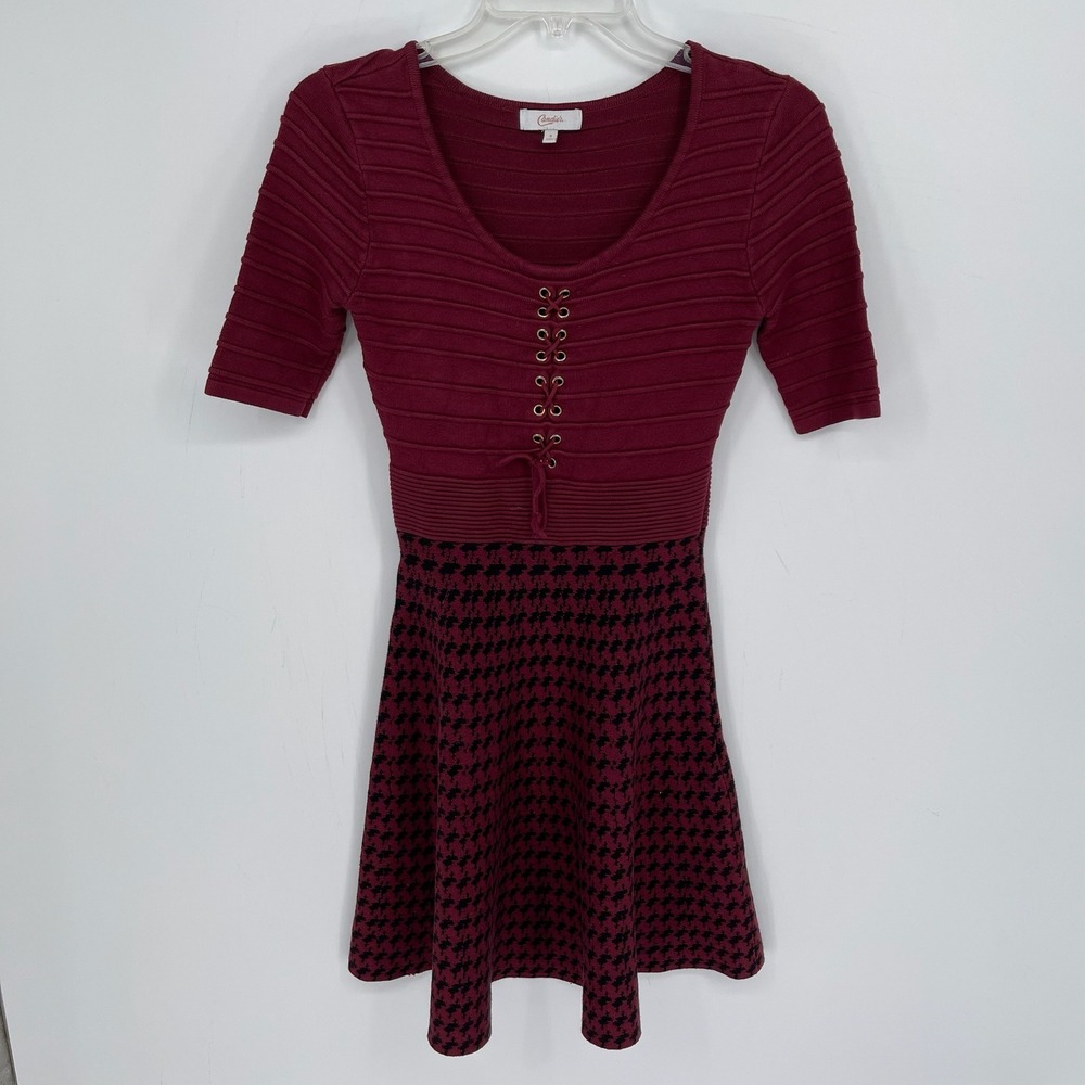 Candie's Women's Burgundy Lace Up Houndstooth Fit & Flare Dress Size S‎